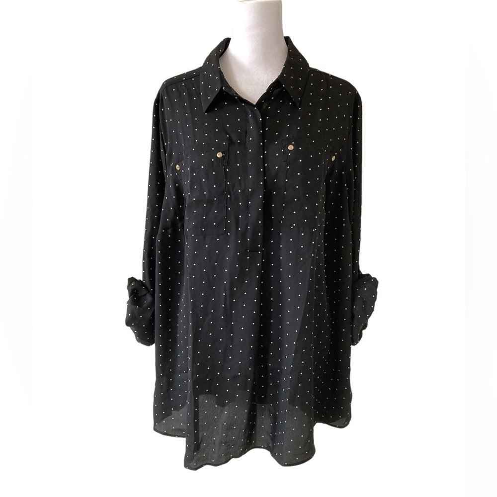 Lane Bryant 14 16 blouse polka dots black white long sleeves